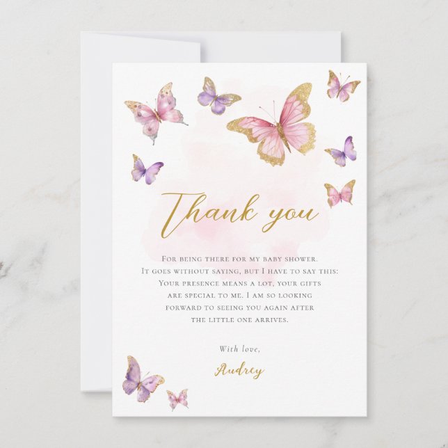 Pink Purple Gold Little Butterfly Girl Baby Shower Thank You Card (Front)