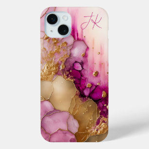 Pink Purple Gold Marble Personalised Monogram iPhone 15 Mini Case