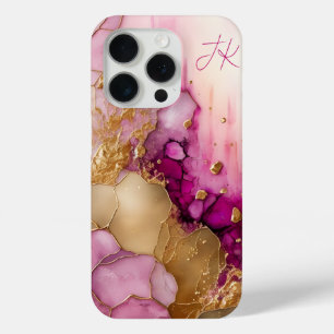 Pink Purple Gold Marble Personalised Monogram iPhone 15 Pro Case