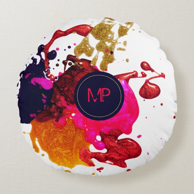 Pink Purple Gold Splatter Monogram Throw Pillow (Front)