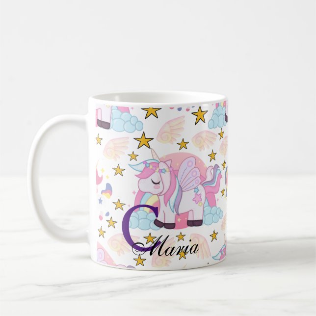 Pink Purple Gold Star Unicorn Name Monogram Coffee Mug (Left)