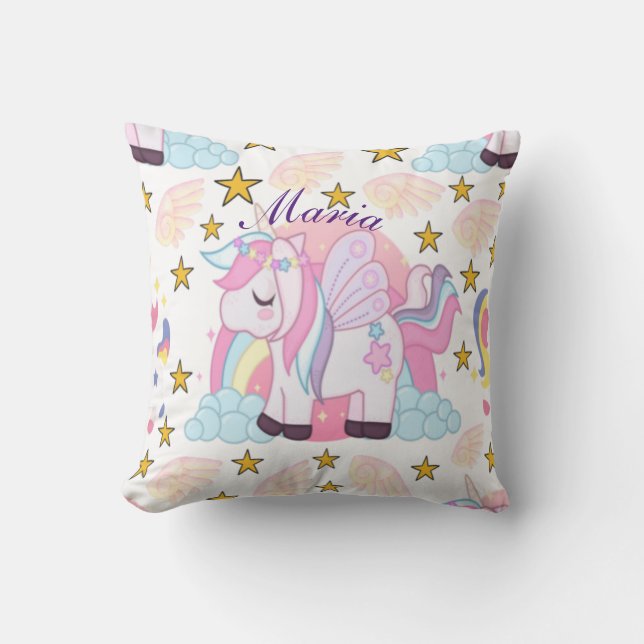 Pink Purple Gold Star Unicorn Name Monogram Cushion (Front)