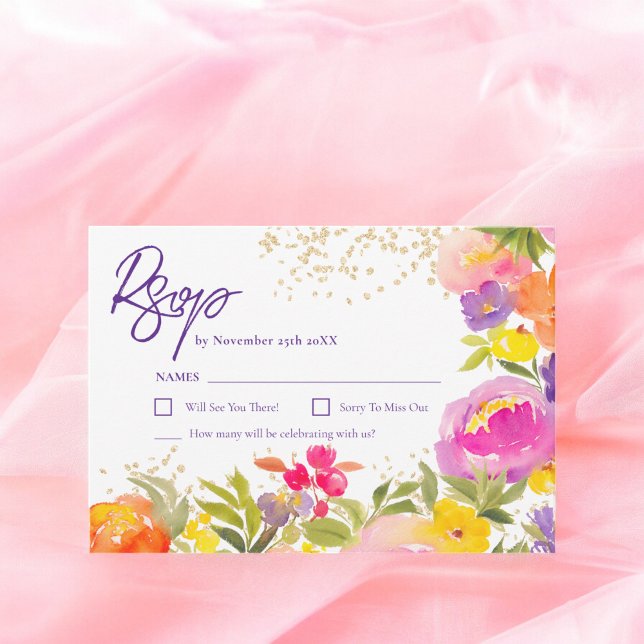 Pink purple gold summer floral watercolor  RSVP card (Pink purple gold summer floral watercolor RSVP card)