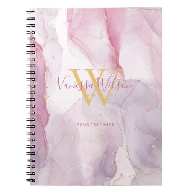 Pink Purple Gold Vein Watercolor Monogram Script Notebook (Front)