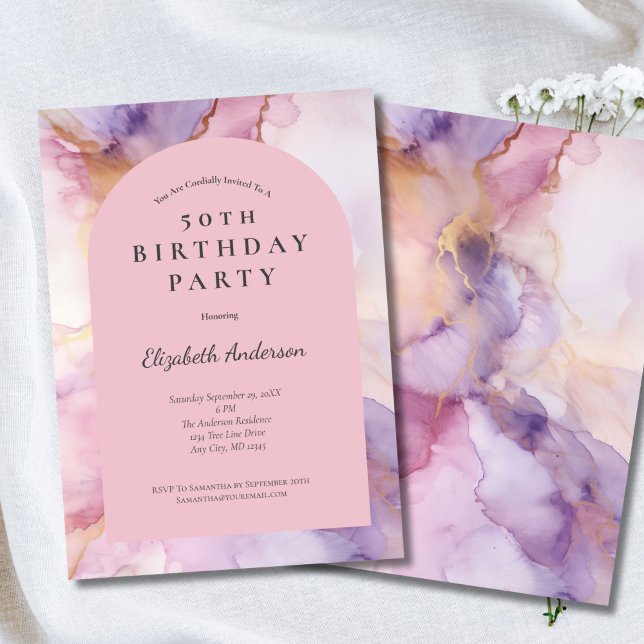 Pink Purple Gold Watercolor Arch 50th Birthday Invitation (Pink Purple Watercolor Wash Alcohol Ink Modern Arch 50th birthday party invitation for her)