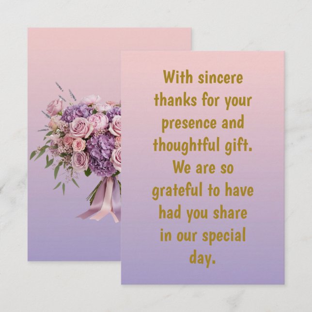 Pink Purple Gold Wedding Flat Thank You Cards (Front/Back)
