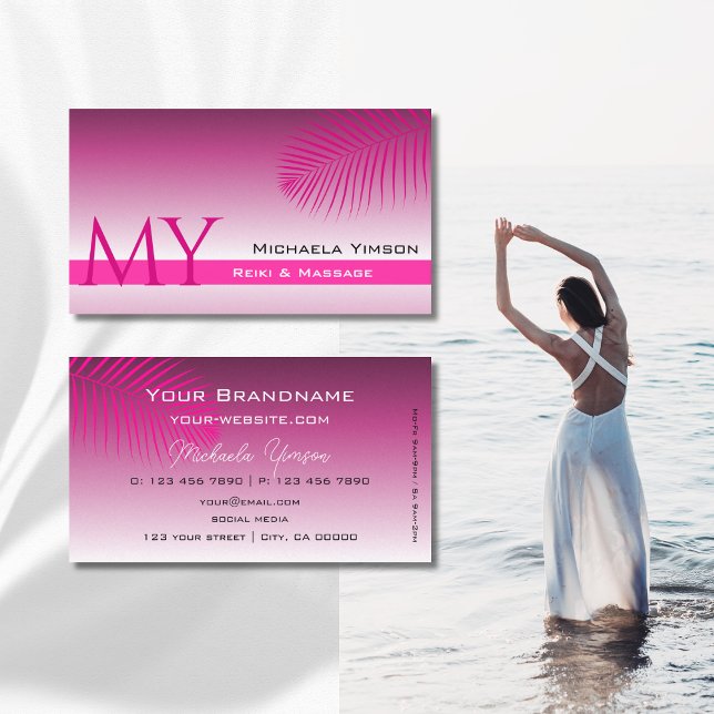 Pink Purple Gradient Palm Leaf and Monogram Simple Business Card (Creator Uploaded)