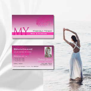 Pink Purple Gradient Palm Leaf Monogram and Photo Business Card