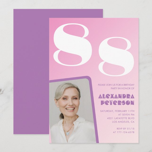 Pink Purple Gradient Photo 88th birthday Invitation (Front/Back)