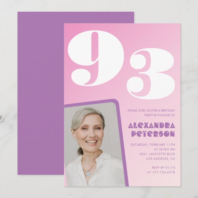 Pink Purple Gradient Photo 93rd birthday Invitation (Front/Back)