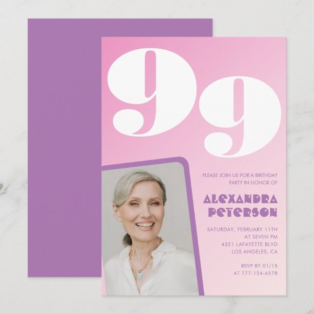 Pink Purple Gradient Photo 99th birthday Invitation (Front/Back)