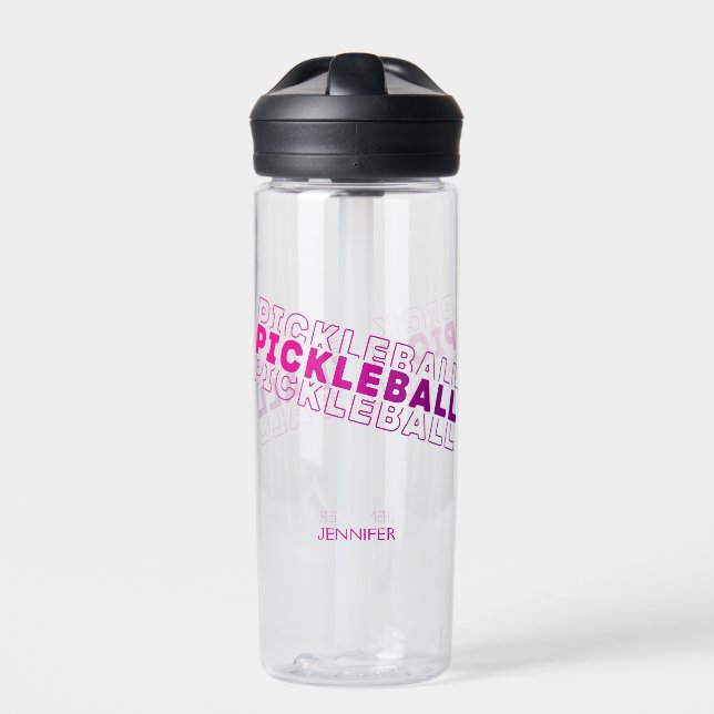 Pink Purple Gradient Pickleball Typography Name Water Bottle (Front)
