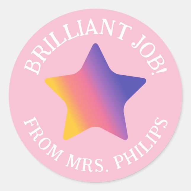Pink Purple Gradient Star Brilliant Job School Classic Round Sticker (Front)