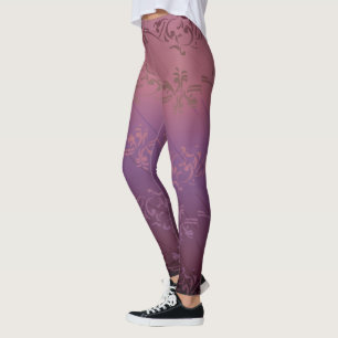 Pink Purple Gradient Striped Floral Leaf Pattern Leggings