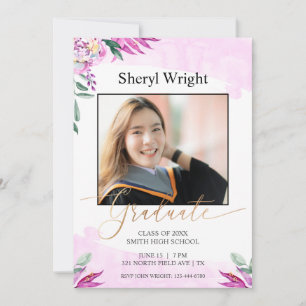 Pink Purple Graduate Photo Floral Invitation