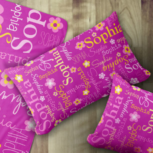 Pink purple graphic flowers text name personalise lumbar cushion
