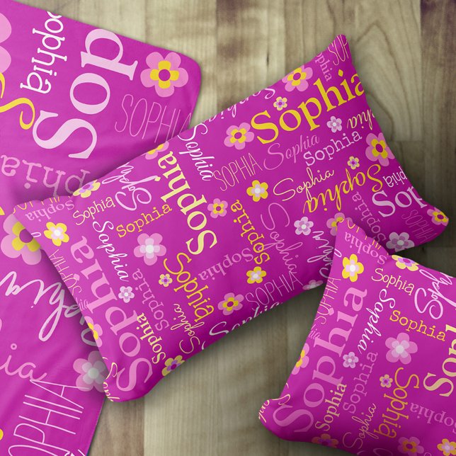 Pink purple graphic flowers text name personalise lumbar cushion (Creator Uploaded)