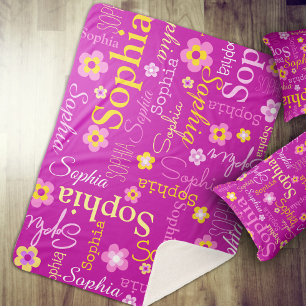 Pink purple graphic flowers text name personalise sherpa blanket