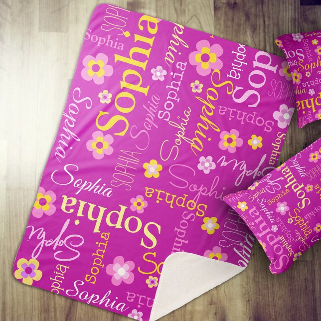 Pink purple graphic flowers text name personalise sherpa blanket (Creator Uploaded)