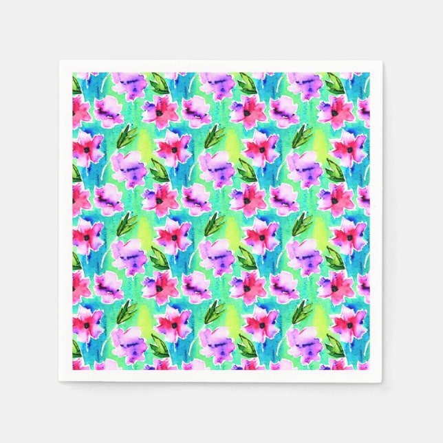 Pink, Purple, Green and Blue Watercolor Flowers Napkin (Front)