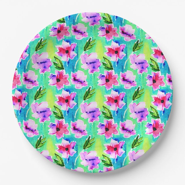 Pink, Purple, Green and Blue Watercolor Flowers Paper Plate (Front)