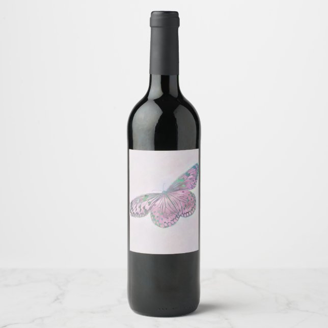 Pink Purple Green Butterfly Painting Wine Label (Front)