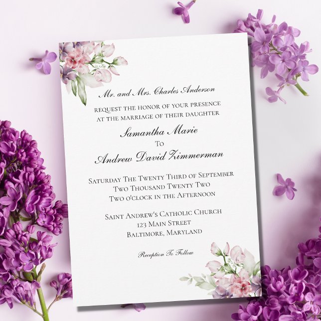 Pink Purple Green Floral Formal Elegant Wedding  Invitation (Creator Uploaded)