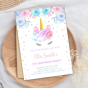 Pink Purple Green Floral Unicorn Invitations