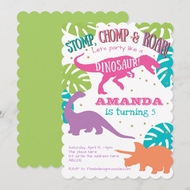 Pink,Purple, Green, Girl, Dinosaur Birthday Party Invitation (Front/Back)