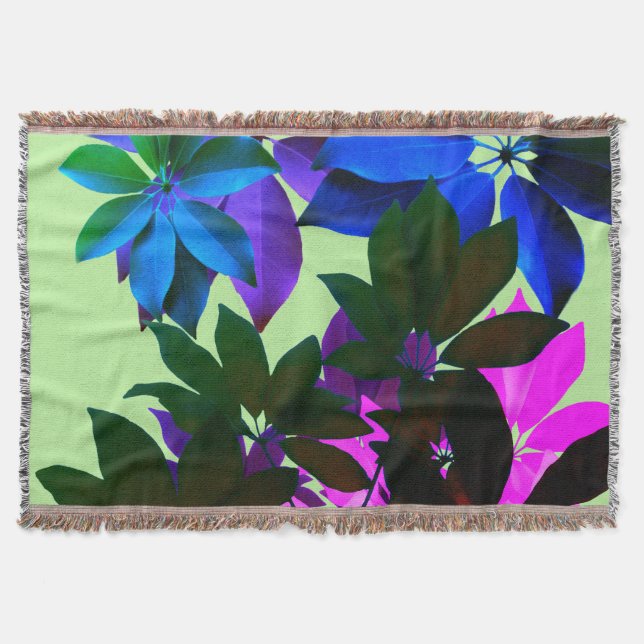 Pink, Purple, Green Leavse Art Throw Blanket (Front)