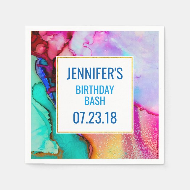 Pink Purple Green Marble Abstract Watercolor Napkin (Front)