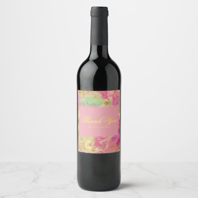 Pink, purple, green marble ink  thank you card wine label (Front)