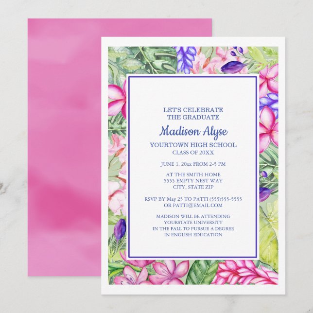 Pink Purple Green Tropical Floral Graduation Party Invitation (Front/Back)