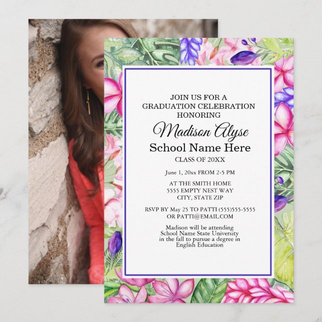 Pink Purple Green Tropical Floral Graduation Party Invitation (Front/Back)