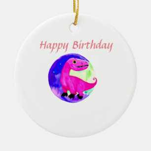 Pink purple green watercolor dinosaur birthday ceramic tree decoration