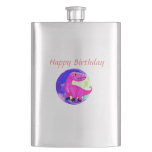 Pink purple green watercolor dinosaur birthday hip flask