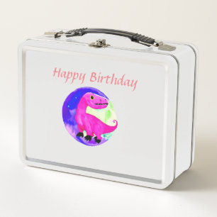 Pink purple green watercolor dinosaur birthday metal lunch box