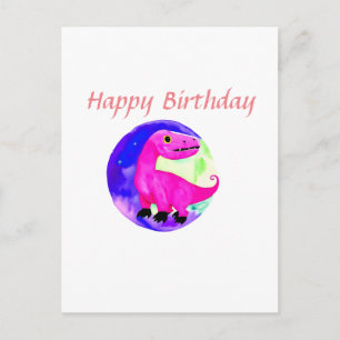 Pink purple green watercolor dinosaur birthday postcard