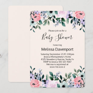 Pink Purple Green Watercolor Floral Baby Shower Invitation