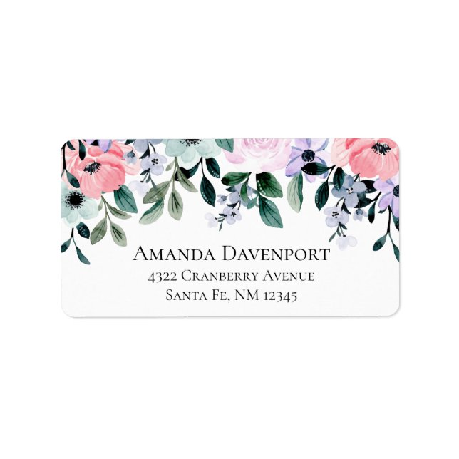 Pink Purple & Green Watercolor Floral Border Label (Front)