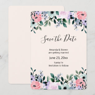 Pink Purple Green Watercolor Floral Border Save The Date