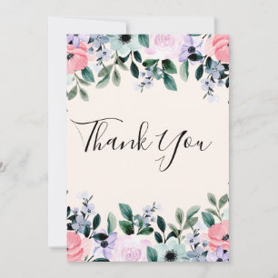 Pink Purple Green Watercolor Floral Border Thank You Card
