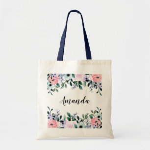 Pink Purple Green Watercolor Floral Border Tote Bag
