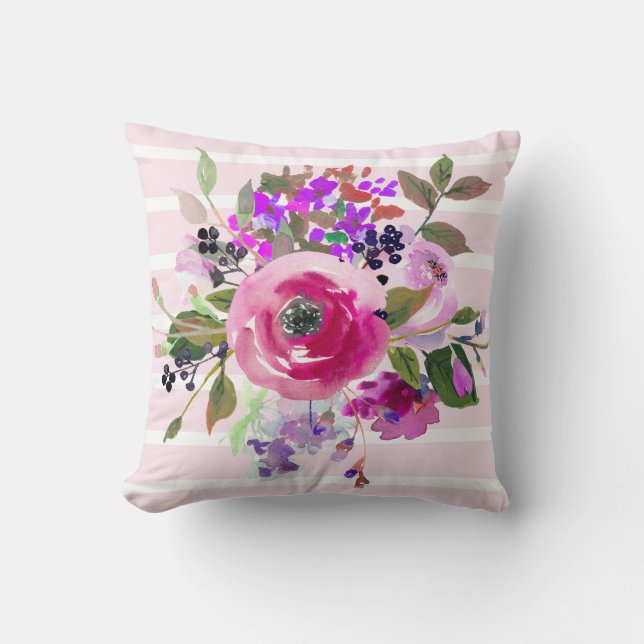 Pink Purple Green Watercolor Floral Pink Stripes Cushion (Front)