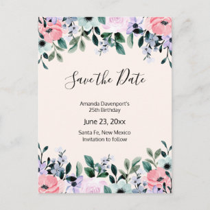 Pink Purple Green Watercolor Floral Save the Date Invitation Postcard