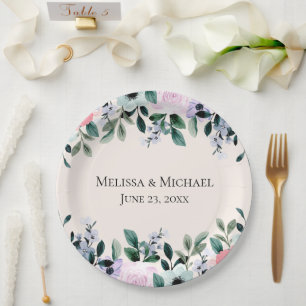 Pink Purple & Green Watercolor Floral Wedding Paper Plate