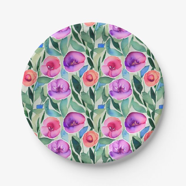 Pink, Purple, Green Watercolor Flowers Paper Plate (Front)