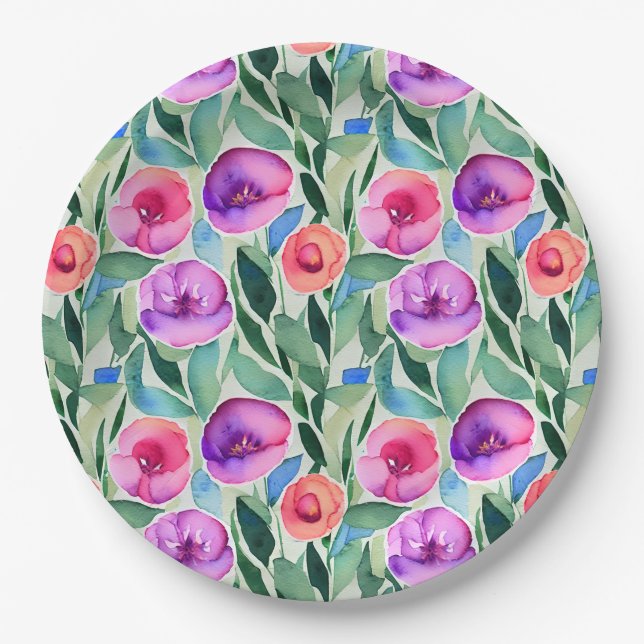 Pink, Purple, Green Watercolor Flowers Paper Plate (Front)