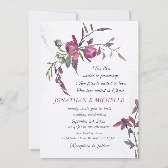 Pink Purple Greenery Floral Christian Wedding Invitation (Front)