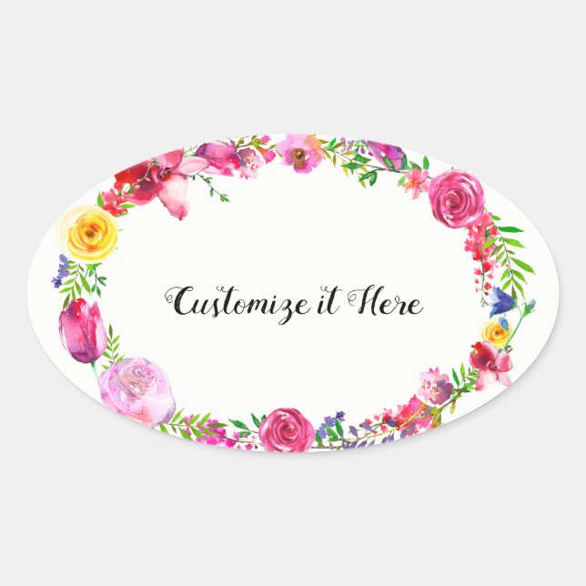 Pink Purple Greenery Spring Flowers Floral Modern Oval Sticker (Front)